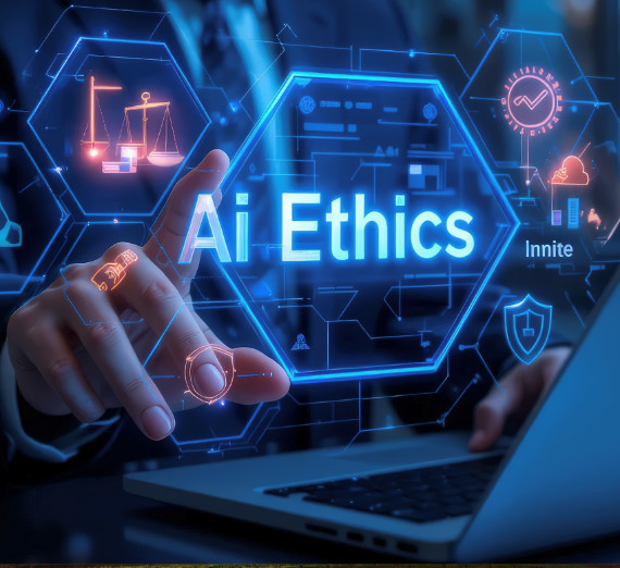 Ilustración de un estudiante escribiendo mientras un robot de IA con cerebro expuesto se sienta a su lado.